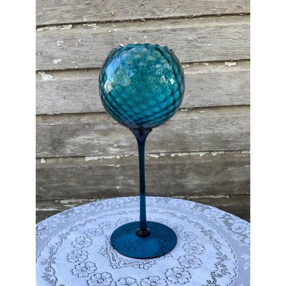 Vintage MCM Empoli Tall 14"  Turqoise Blue Glass Snifter Pedestal Vase Bowl - Picture 2 of 10